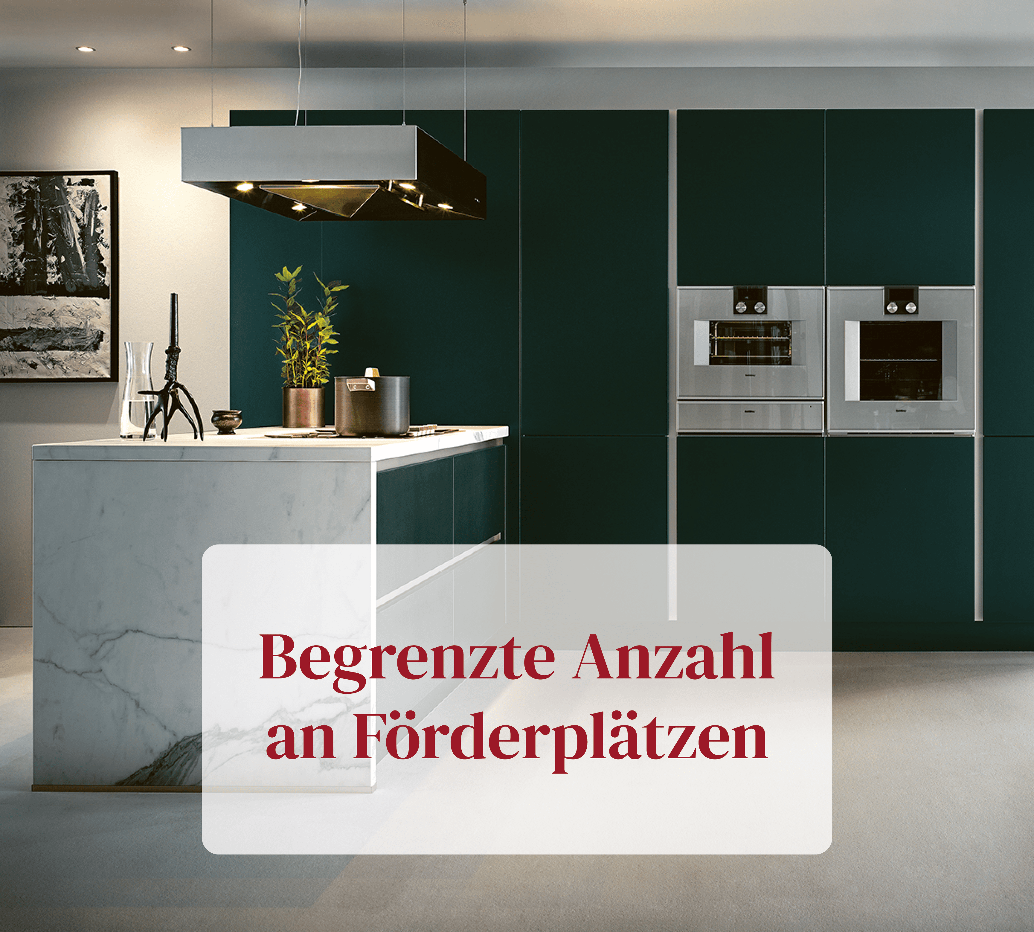 Dunkelgrüne Küche mit Kochinsel und dem Hinweis auf eine begrenzte Anzahl an Förderplätzen