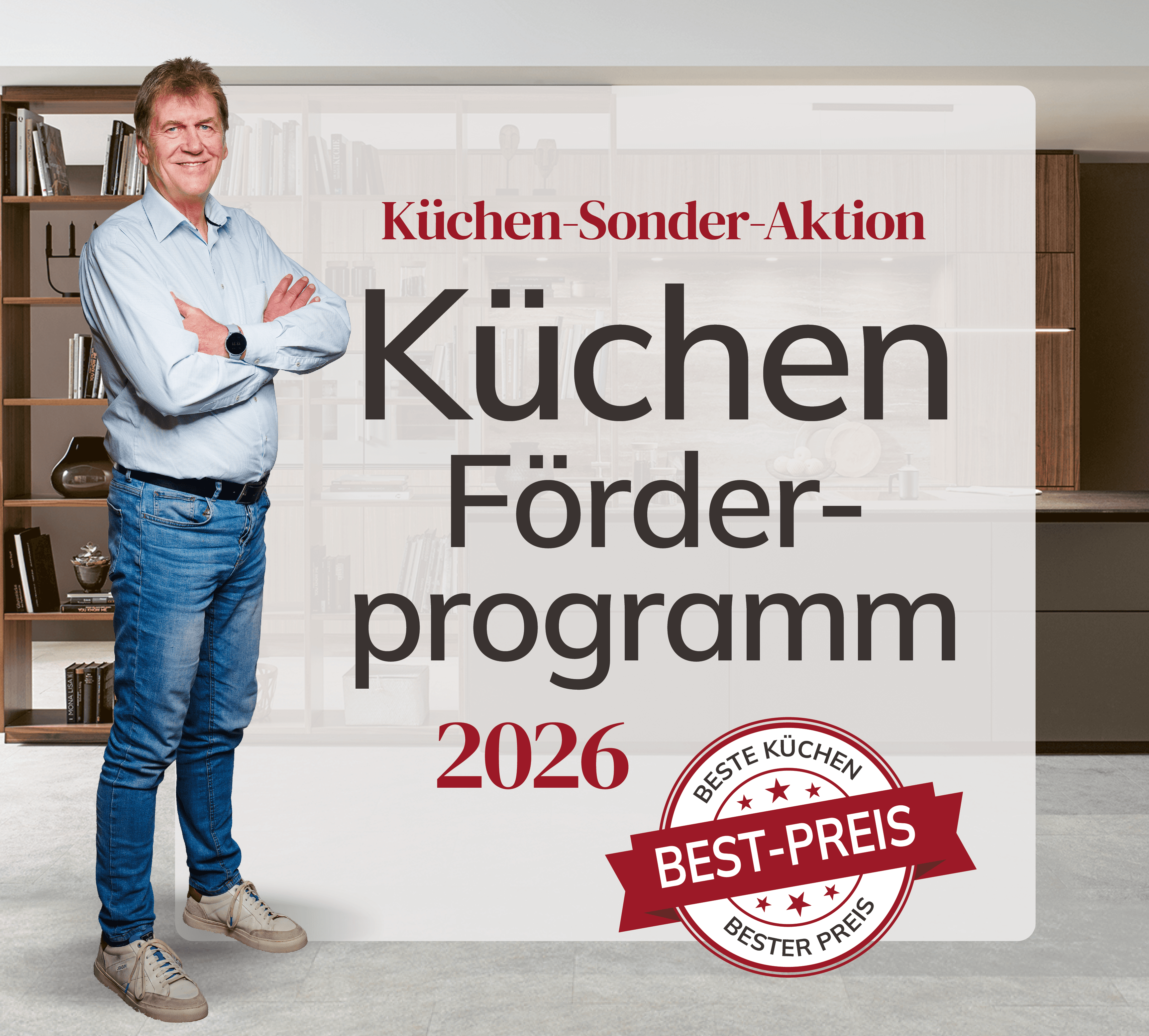 Küchenberater des Wohnfuchs in einer modernen Küche, daneben der Hinweis auf das Küchen-Förderprogramm 2026 und das Best-Preis-Siegel