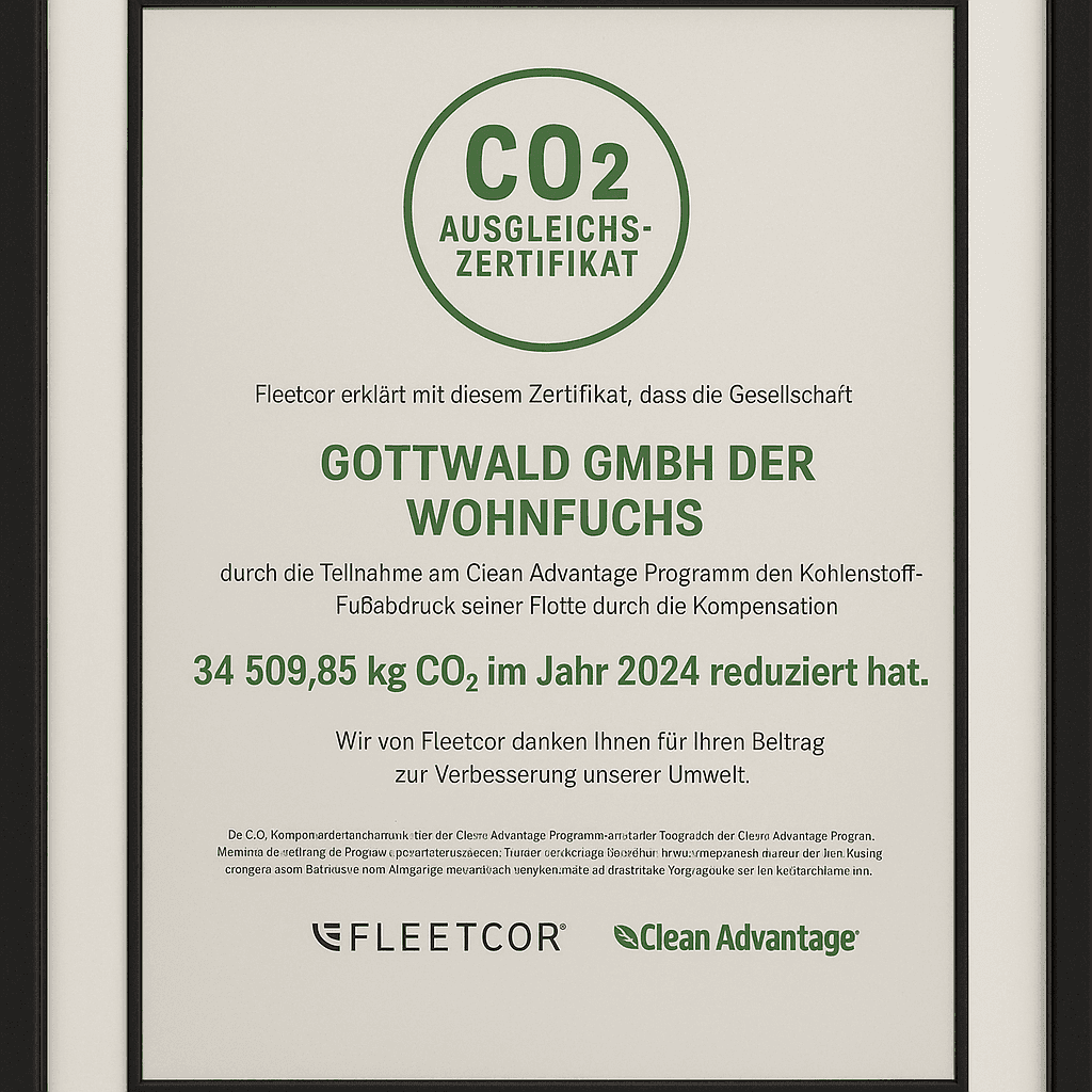 CO₂-Ausgleichszertifikat von Fleetcor/Clean Advantage für die Gottwald GmbH Der Wohnfuchs über 34.509,85 kg CO₂ im Jahr 2024
