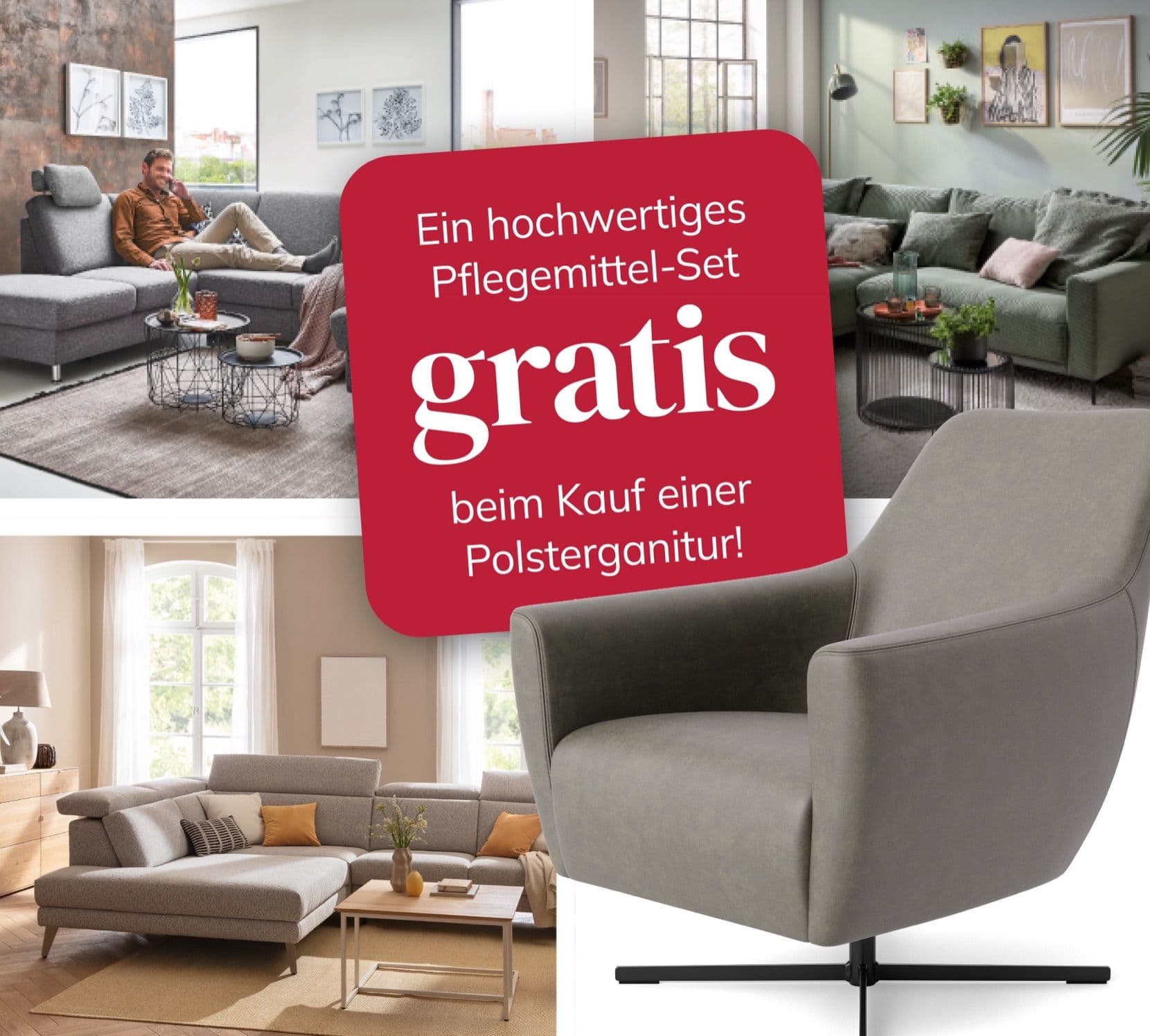 Polstergarnituren und Sessel: Ein hochwertiges Pflegemittel-Set gratis beim Kauf einer Polstergarnitur