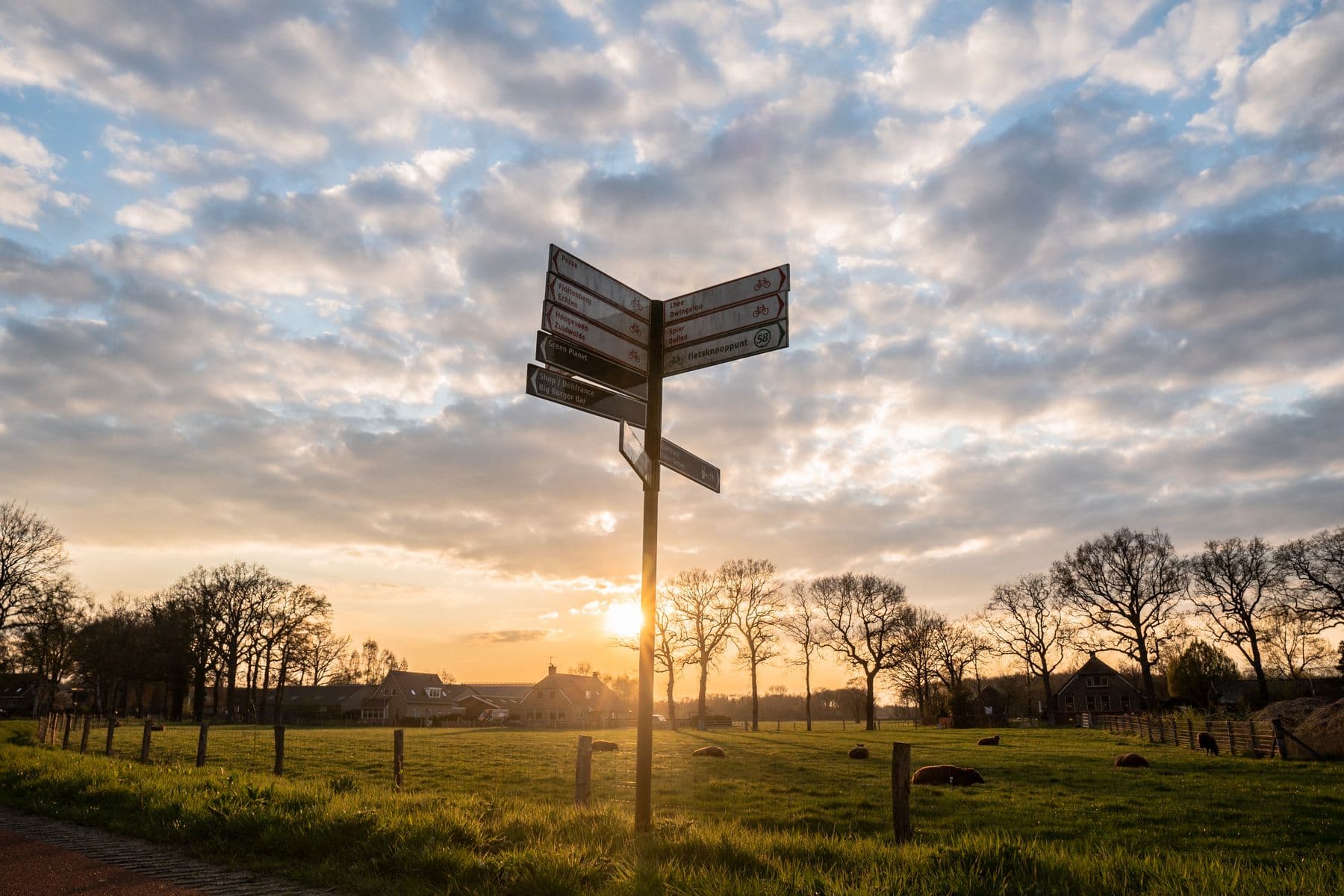 Wegweiser an einer Landstraße im Abendlicht, Felder und Bäume – Anfahrt zum Wohnfuchs aus Rheinberg
