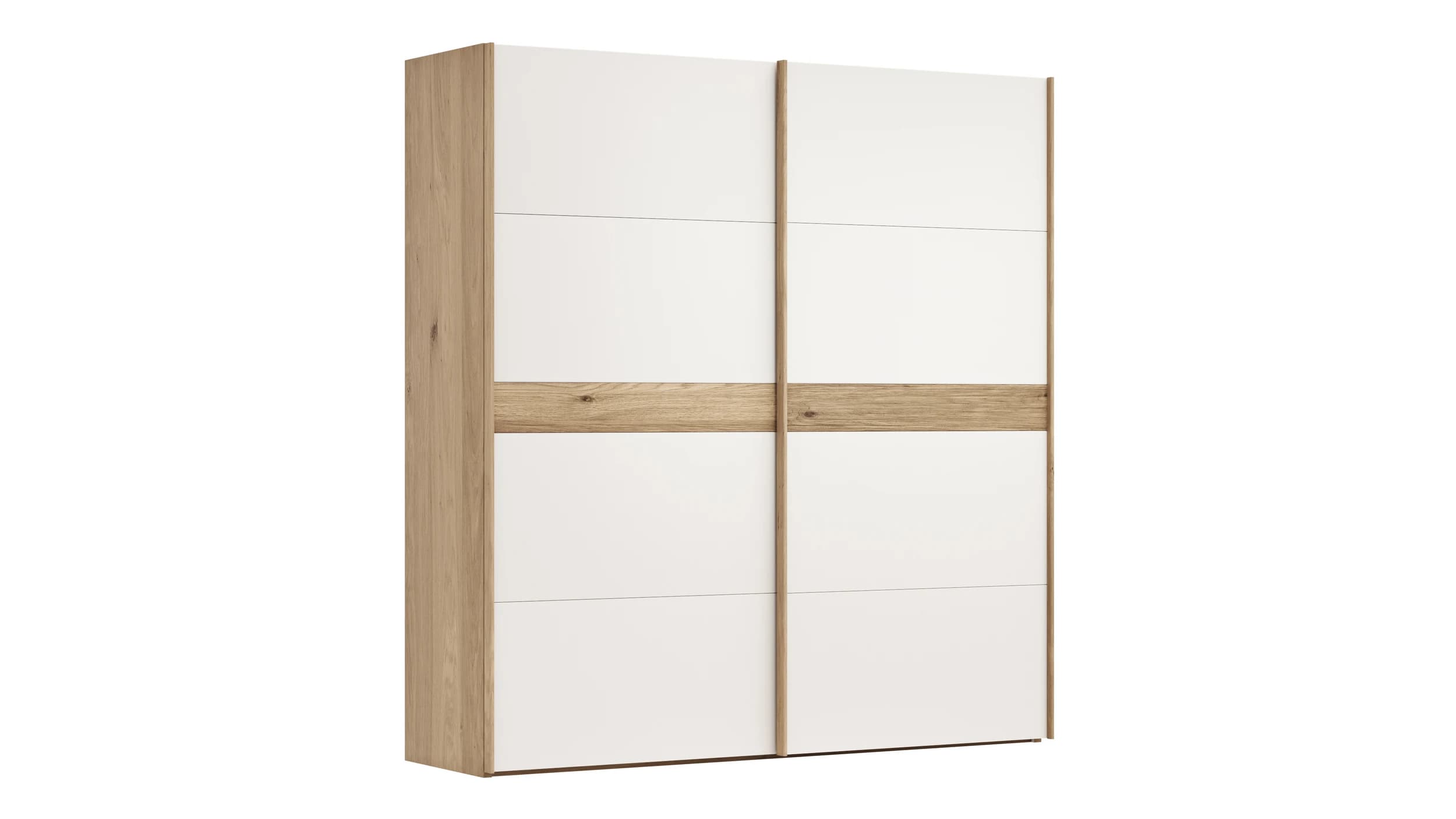 Schwebetürenschrank Viana - B ca. 212 cm, Lack, Weiß, Riffholz, Balkeneiche