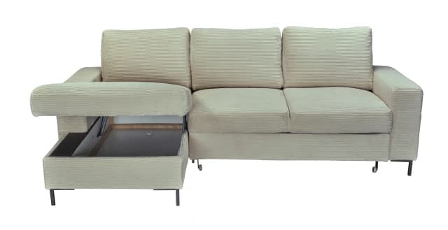 Ecksofa - Longchair links mit 2-Sitzer, Schlaffunktion mit Bettkasten, Stoff, Creme