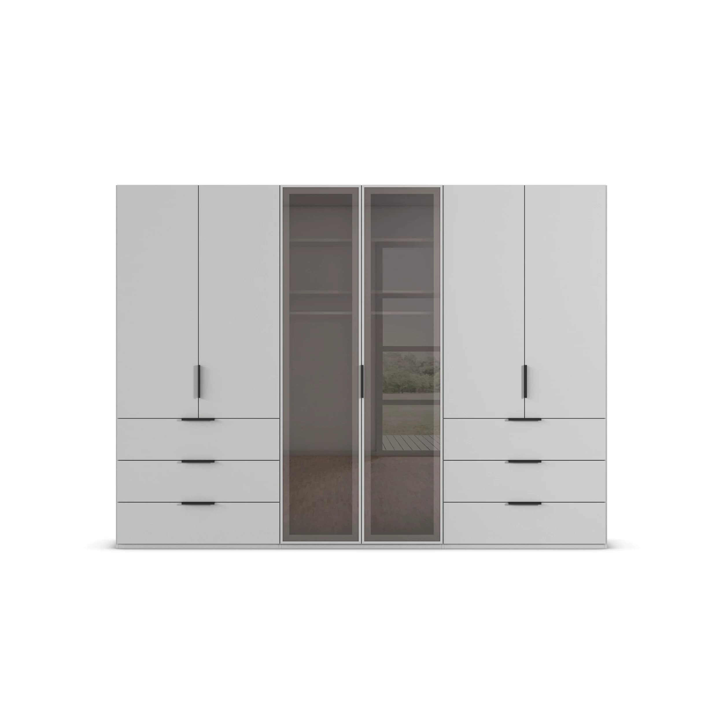 Drehtürenschrank - B. ca. 300 cm, Seidengrau Dekor, Glasrahmentüren Schwarz