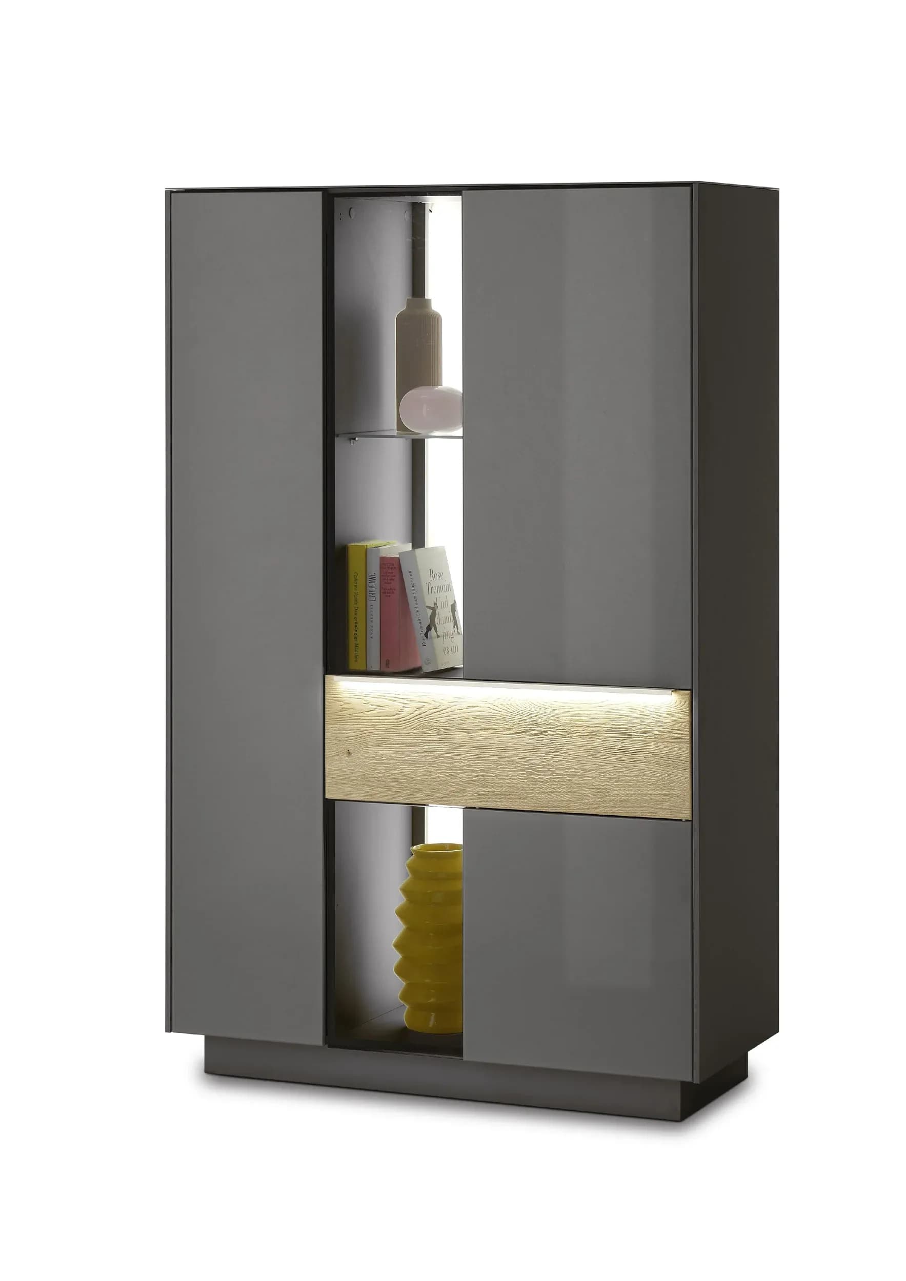 Highboard - mit Beleuchtung, B ca. 96 cm, Anthrazit, Eiche massiv