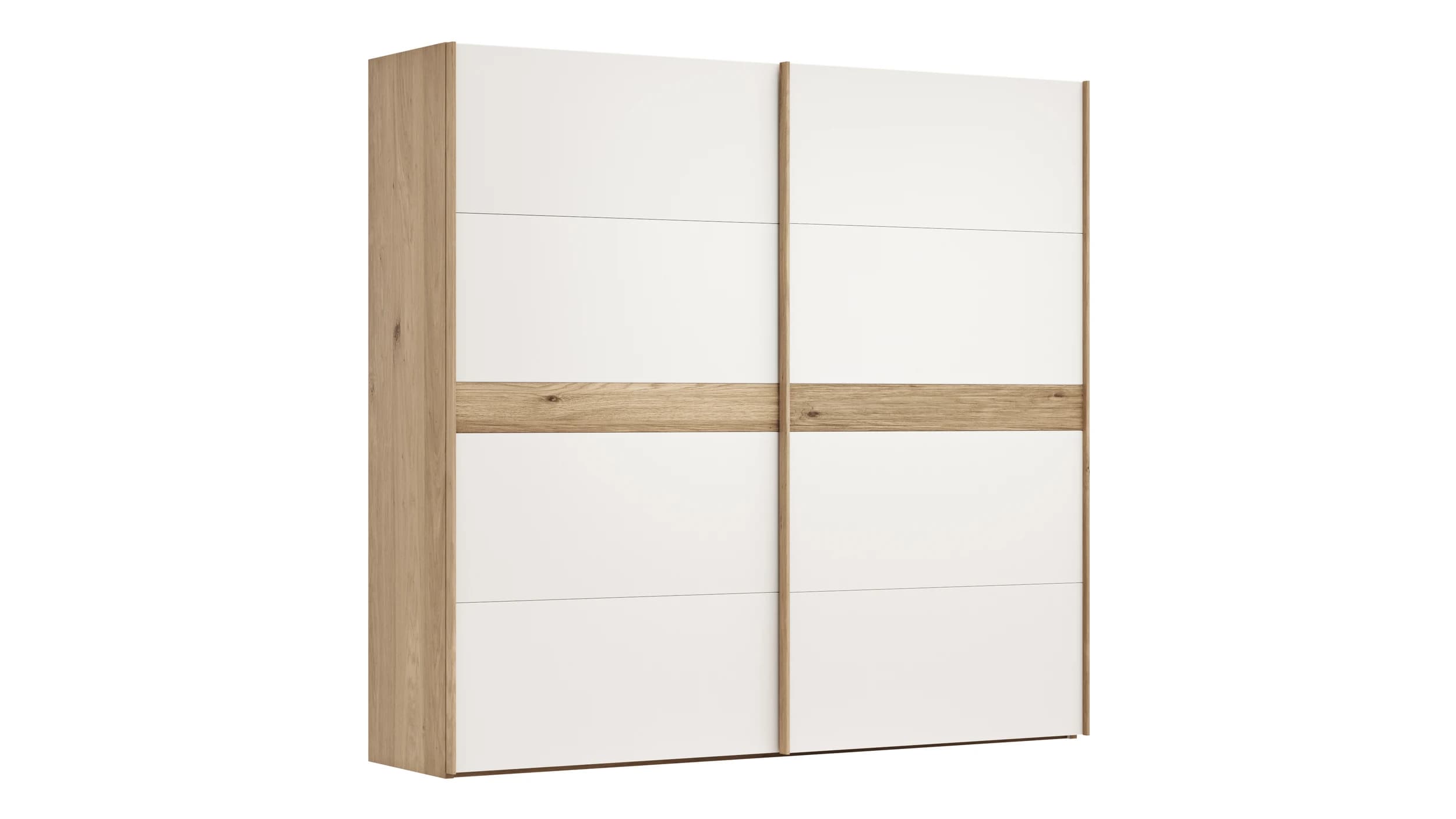 Schwebetürenschrank Viana - B ca. 241 cm, Lack, Weiß, Riffholz, Balkeneiche