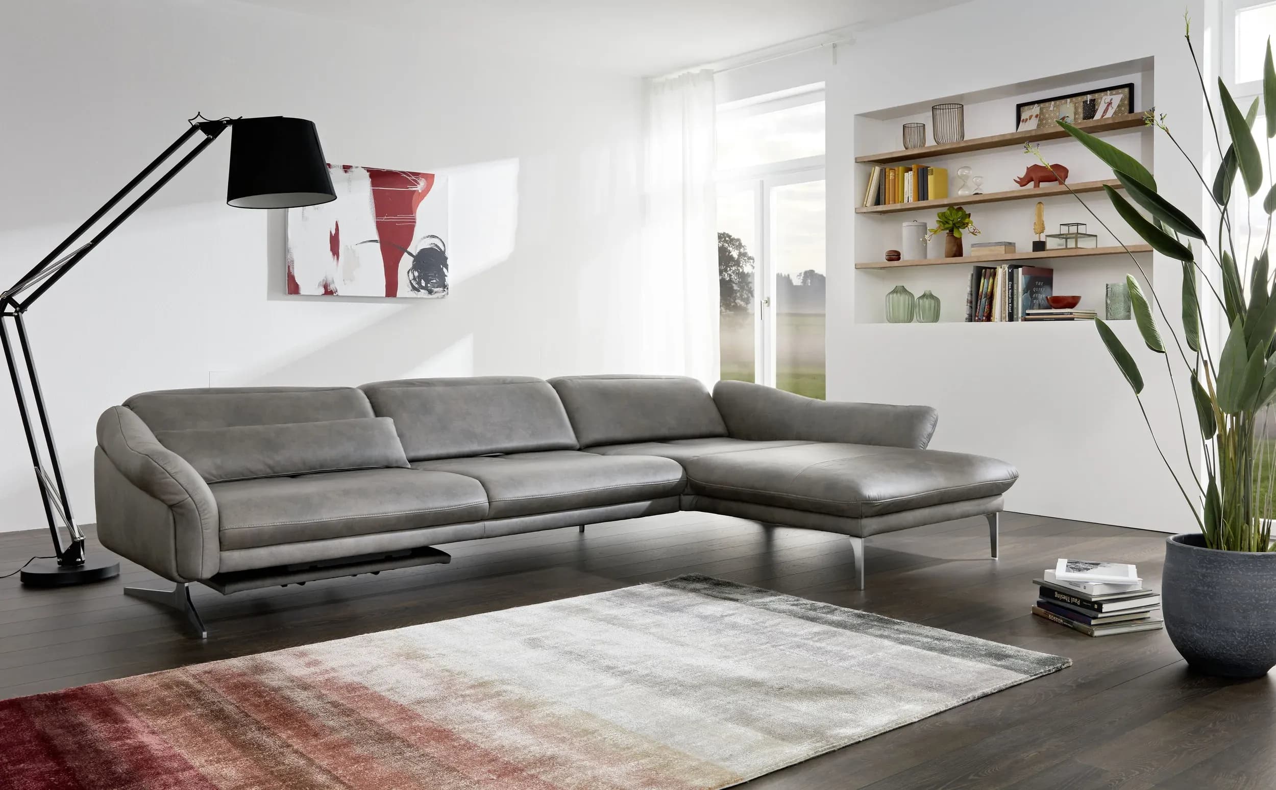 Ecksofa EM Imola - 2,5-Sitzer mit Longchair rechts inkl. Kopfteil und Sitztiefe verstellbar, Leder, Graugrün