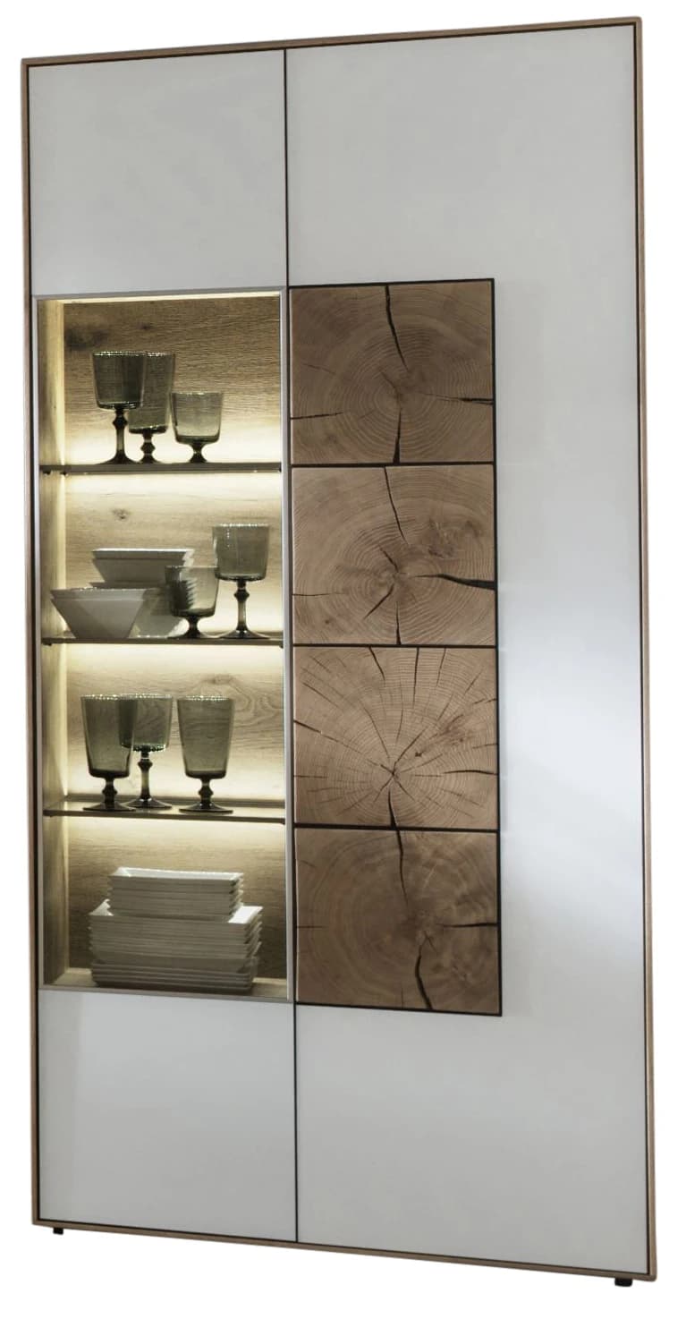 Vitrine - Kerneiche massiv, Mattglas, Weiß mit Hirnholzscheiben