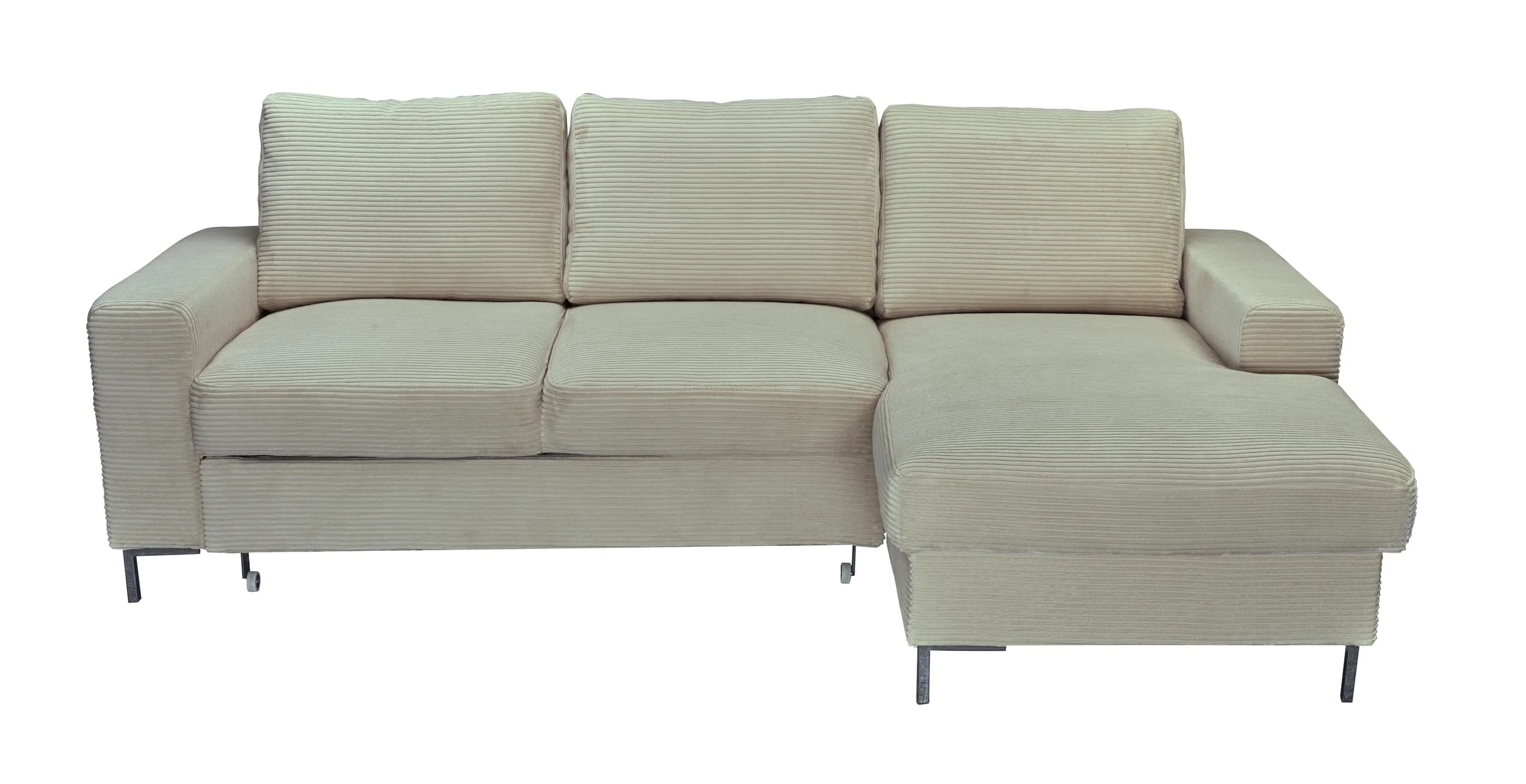 Ecksofa - 2-Sitzer mit Longchair rechts, Schlaffunktion mit Bettkasten, Stoff, Creme