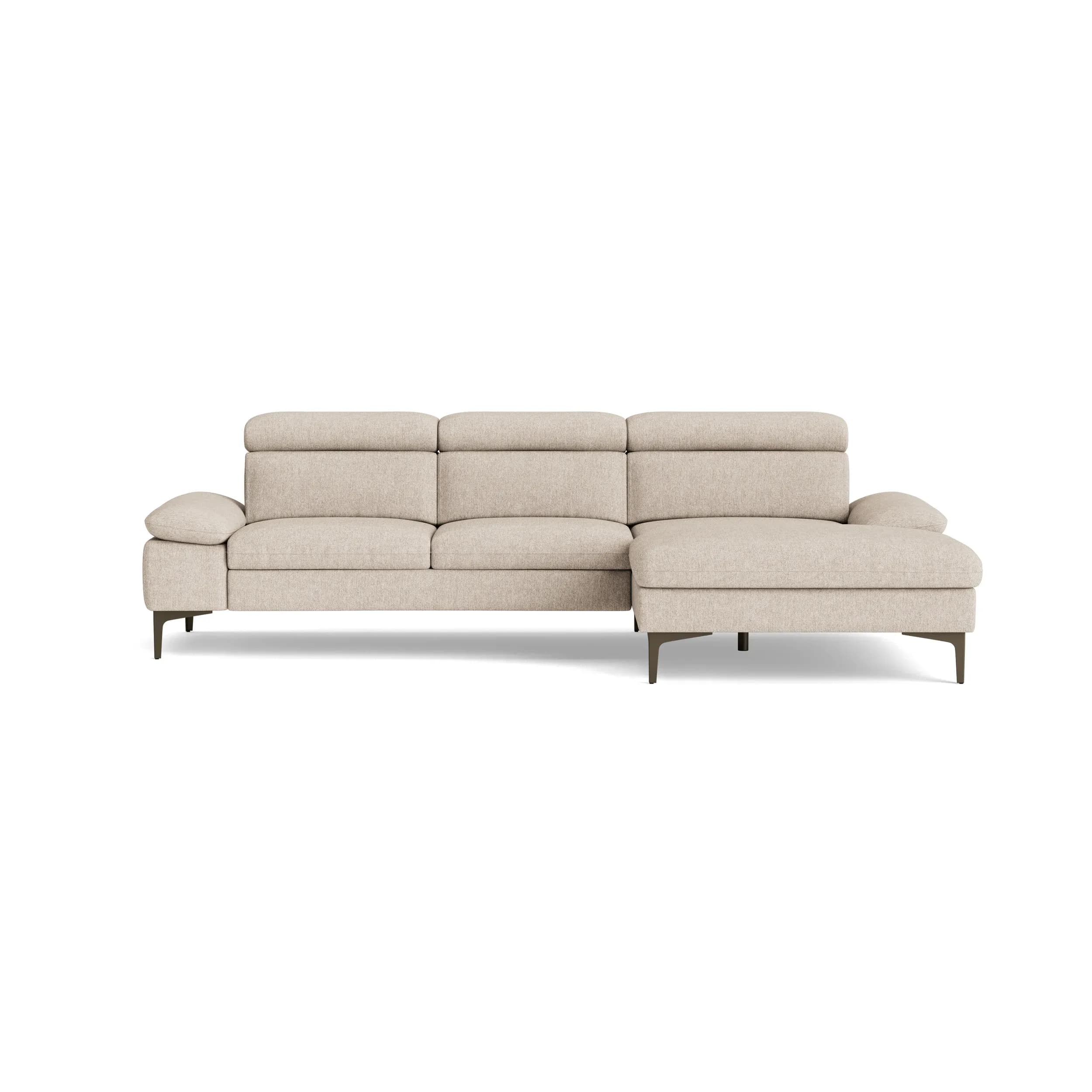 Ecksofa Felipa - 3-Sitzer mit Longchair rechts inkl. Relaxfunktion (motorisch), Armlehne und Kopfteil verstellbar, Stoff, Graubeige
