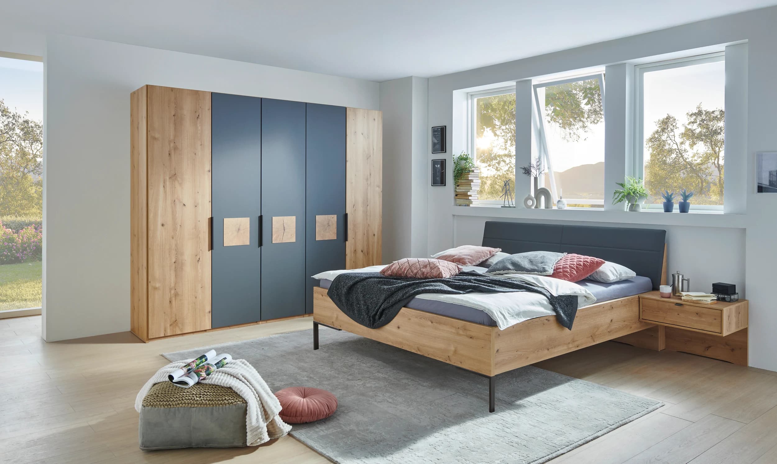 Schlafzimmer - inkl. Polsterkopfteil, Bianco-Eiche-Nachbildung, Lava Dekor, Absetzung Hirnholz,