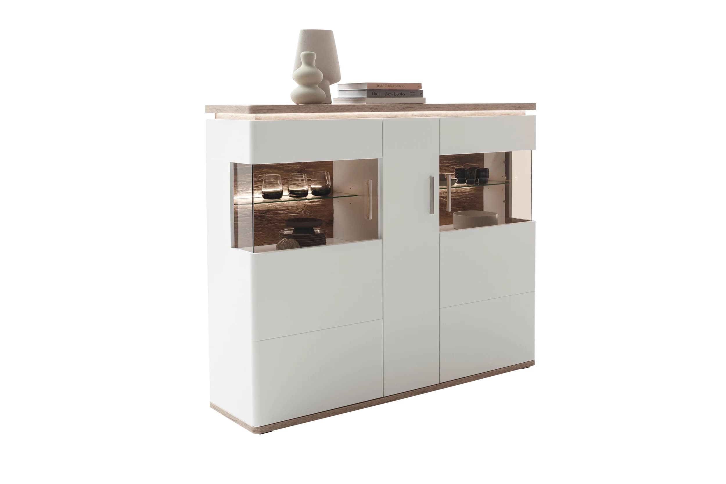 Highboard mit Beleuchtung - Weiß, Absetzung Eiche