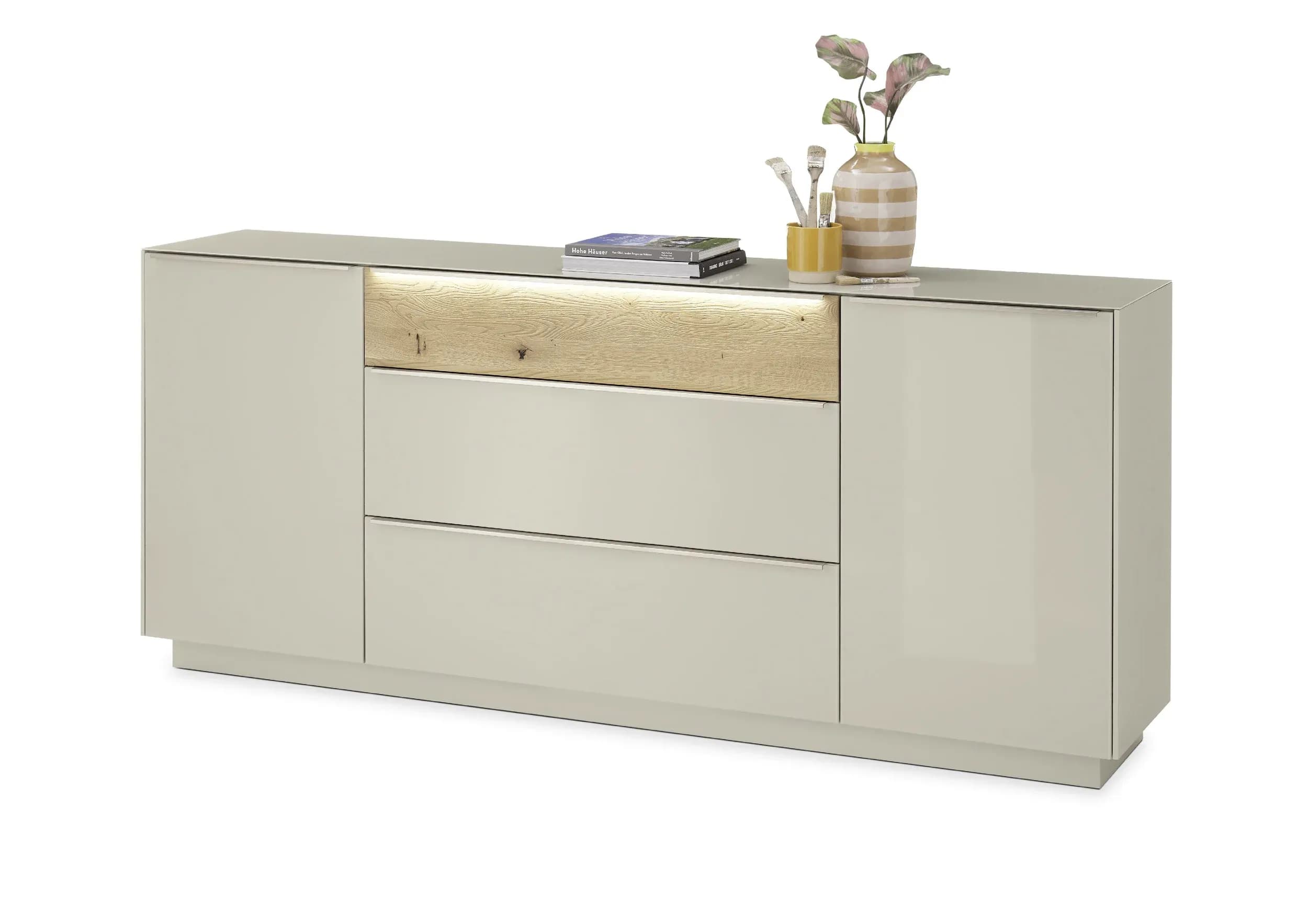 Sideboard - mit Beleuchtung, B ca. 214 cm, Kaschmir, Eiche massiv