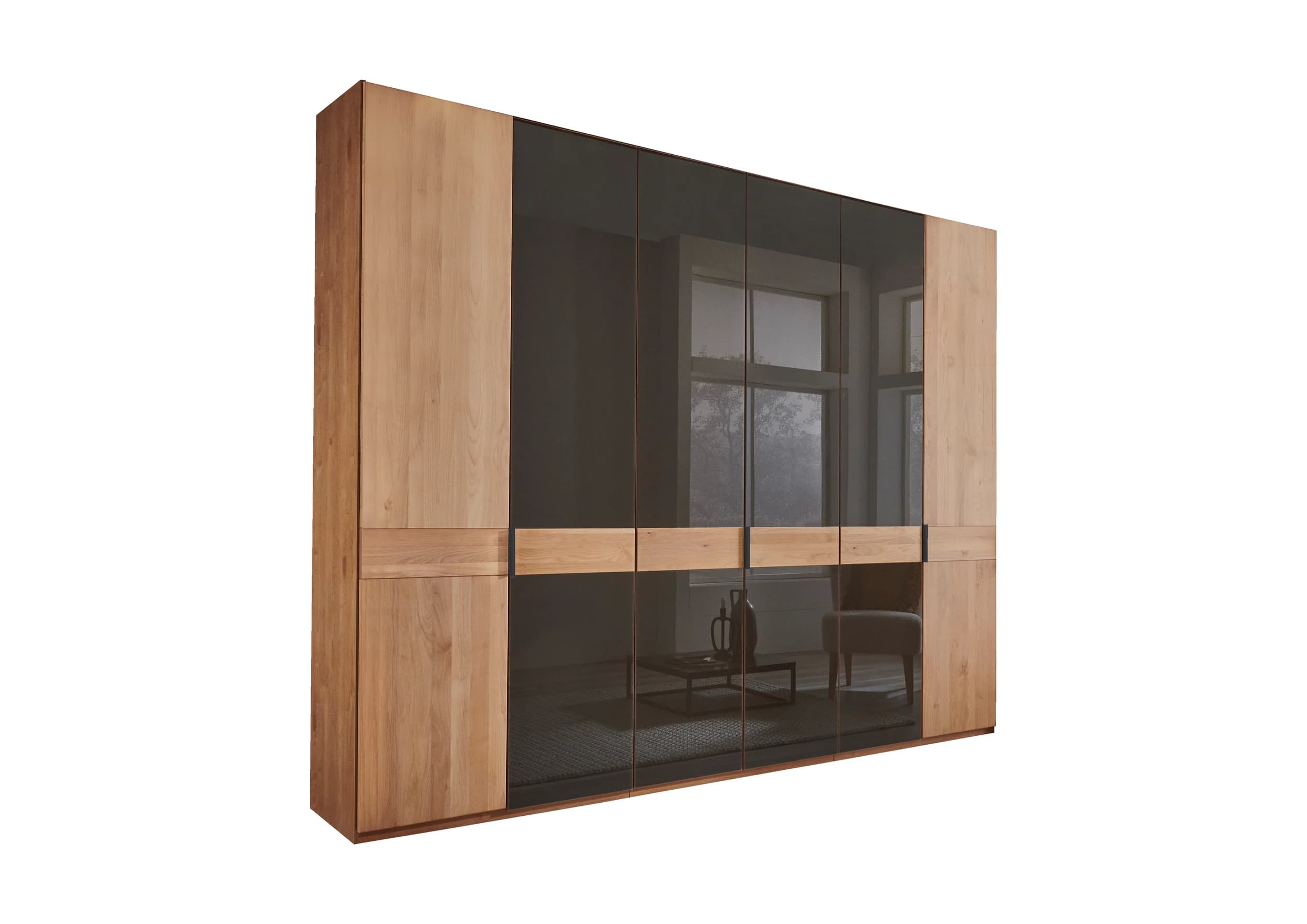 Drehtürenschrank - B. ca. 300 cm, Erle Teilmassiv, Querriegel Massiv, Glastüren Mocca