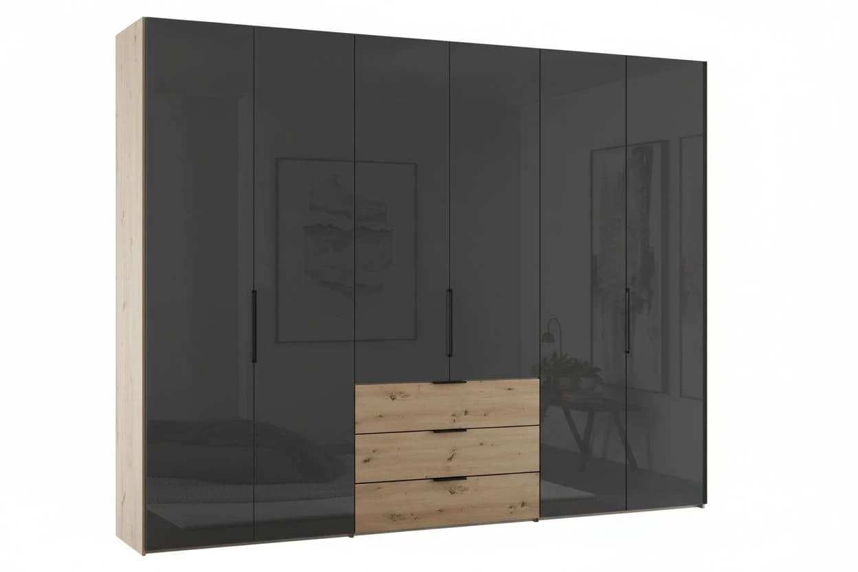 Drehtürenschrank - B ca. 298 cm, Anthrazitglas, Dekor Eiche