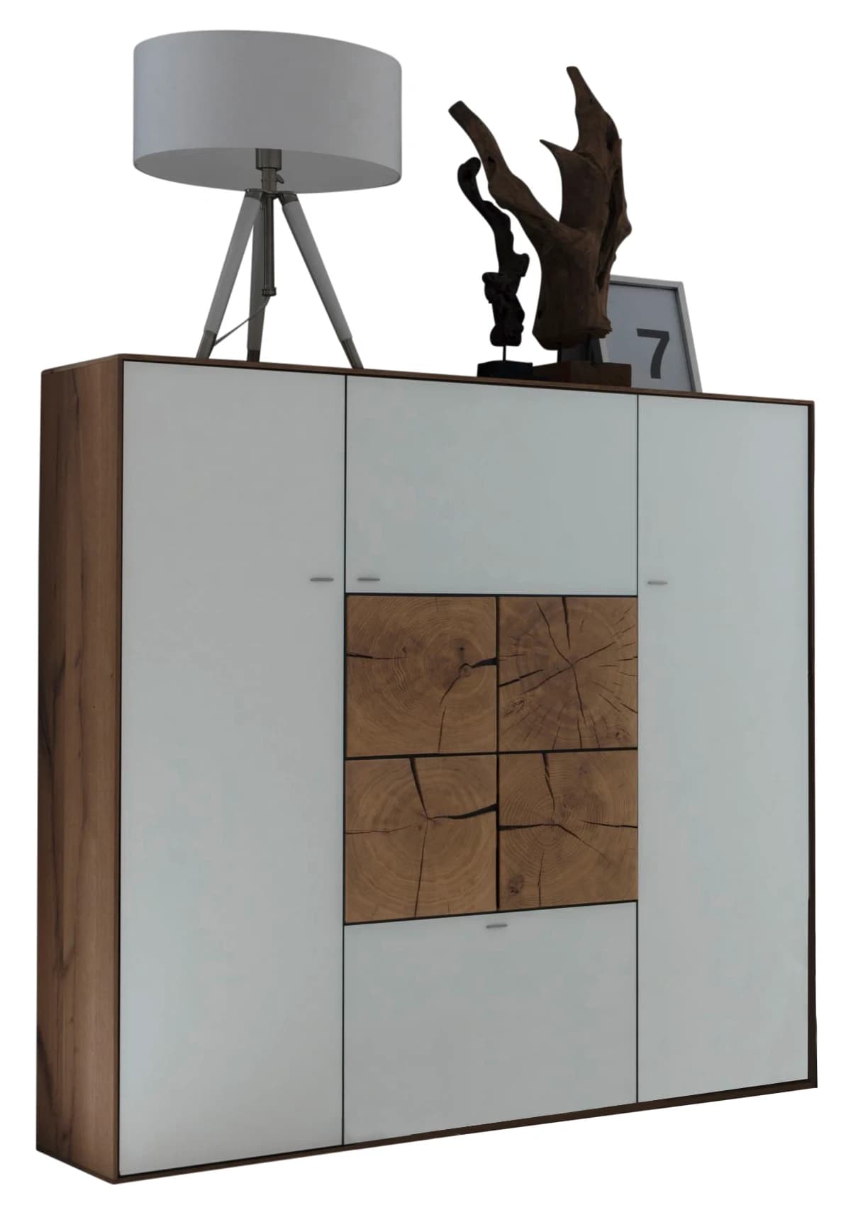 Highboard - Kerneiche massiv, Mattglas, Weiß mit Hirnholzscheiben