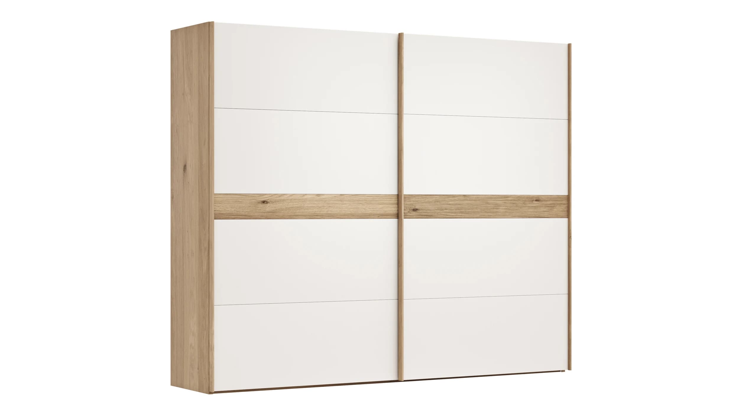 Schwebetürenschrank Viana - B ca. 271 cm, Lack, Weiß, Riffholz, Balkeneiche