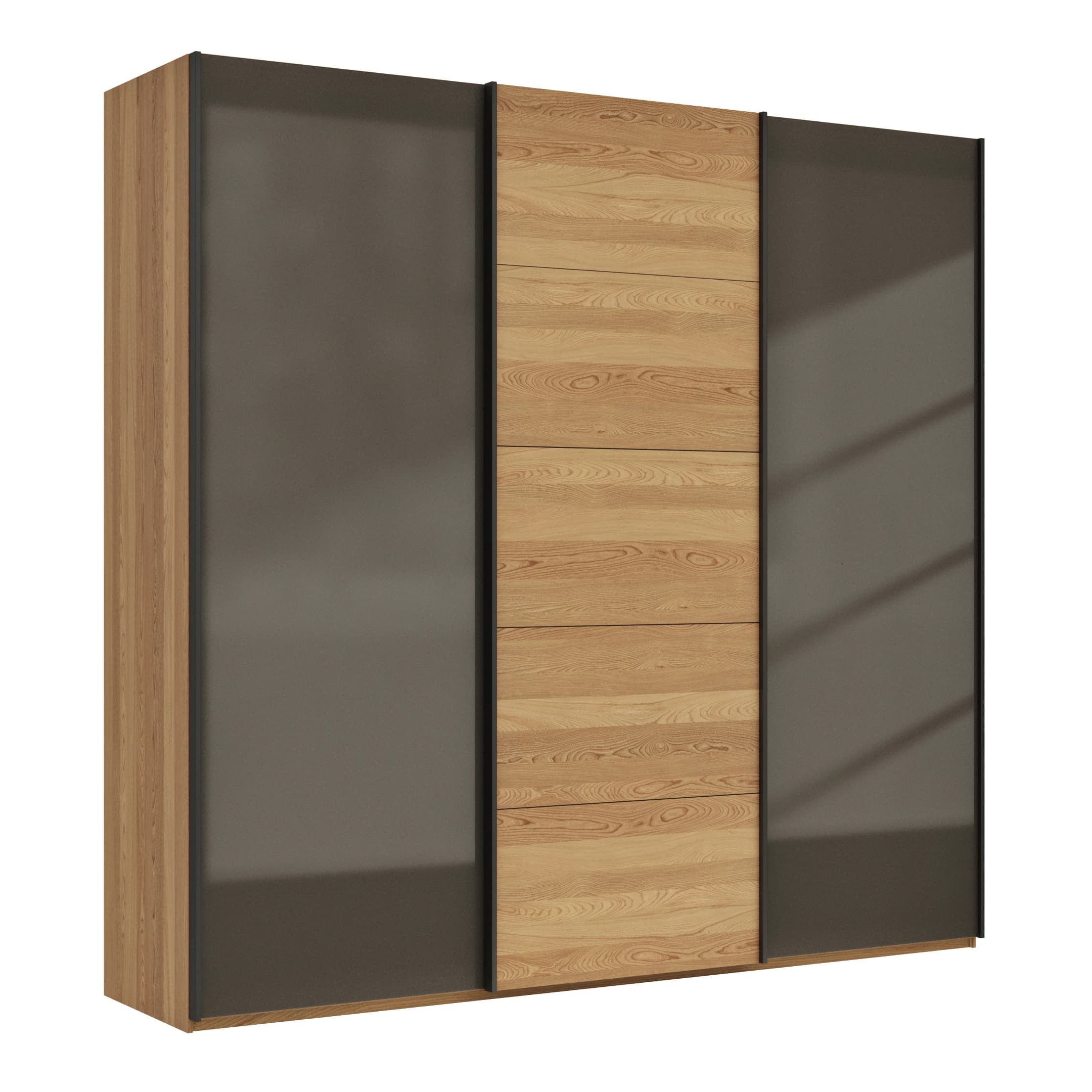 Schwebetürenschrank Lenoso - B. ca. 250 cm, Eiche massiv, Glas Dunkelbraun