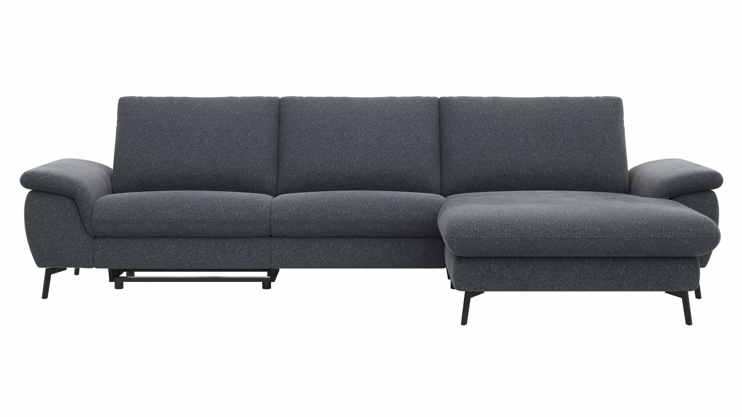 Ecksofa Gotera - 1,5-Sitzer med + 1,5-Sitzer med mit Longchair groß rechts inkl. Schlaffunktion (teilmotorisch), Armlehne klappbar, Rückenlehne verstellbar und einmal Relaxfunktion (teilmotorisch), Stoff, Anthrazit