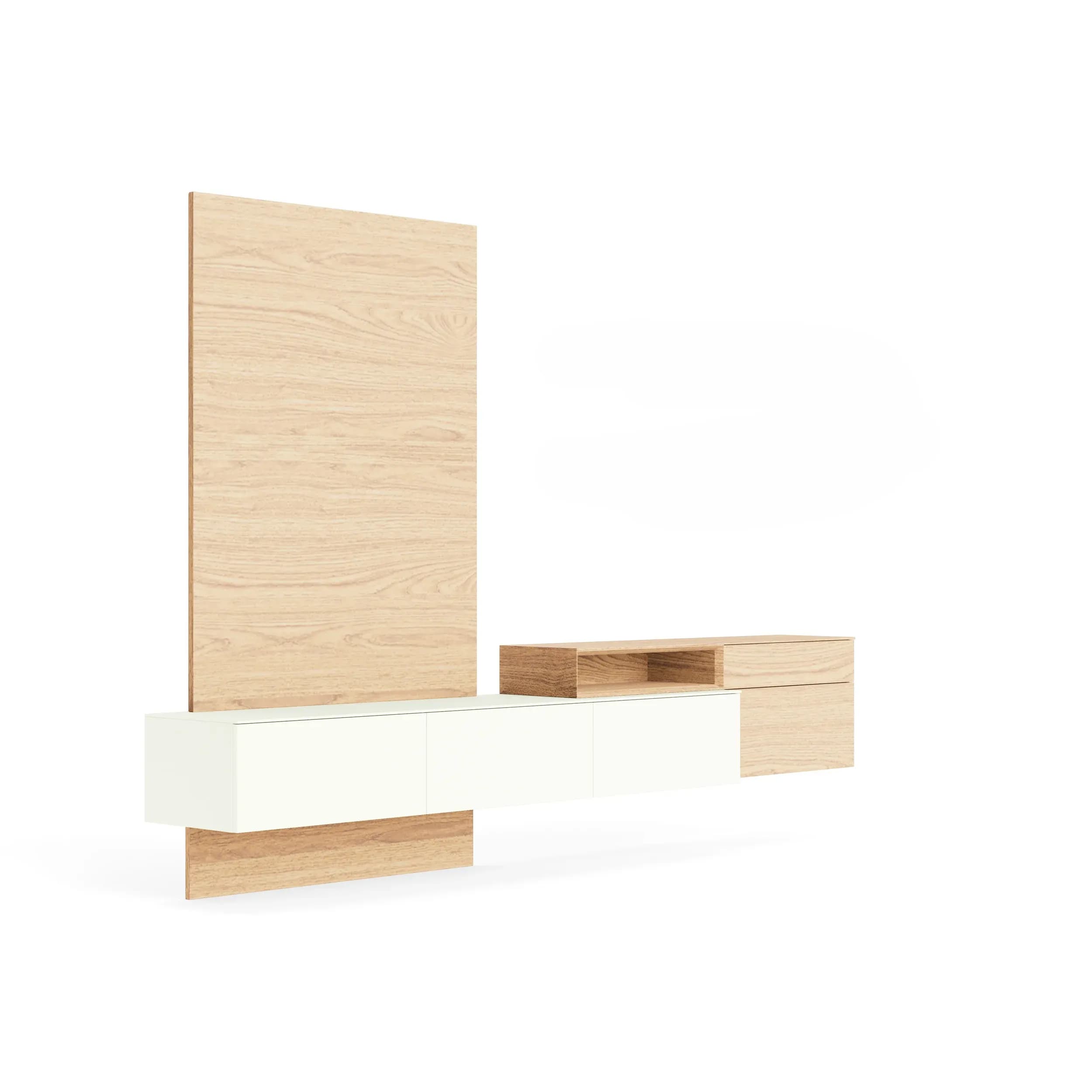 Wohnwand Satola - Lack creme, Eiche furniert