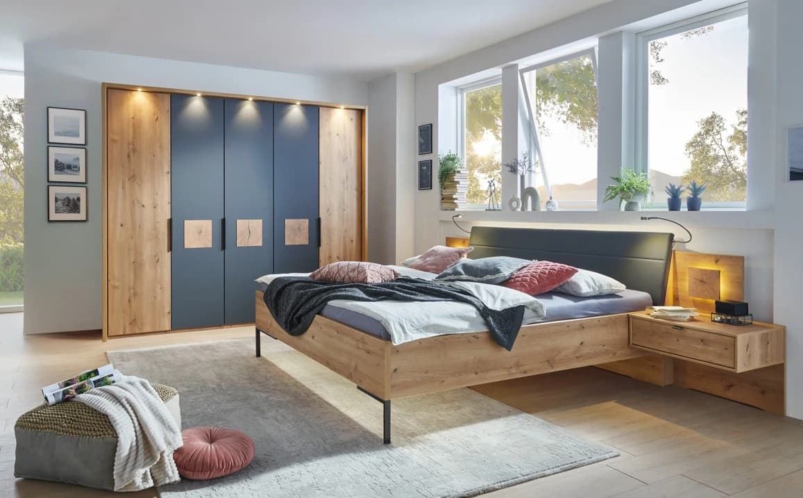 Schlafzimmer - inkl. Polsterkopfteil, Bianco-Eiche-Nachbildung, Lava Dekor, Absetzung Hirnholz