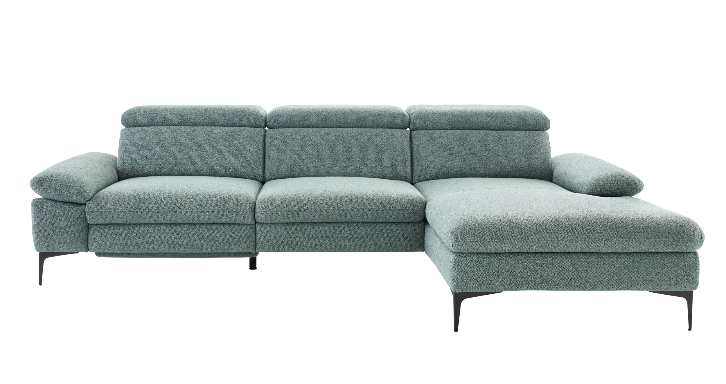 Ecksofa Felipa - 3-Sitzer mit Longchair rechts inkl. Relaxfunktion (motorisch), Armlehne und Kopfteil verstellbar, Stoff, Graugrün