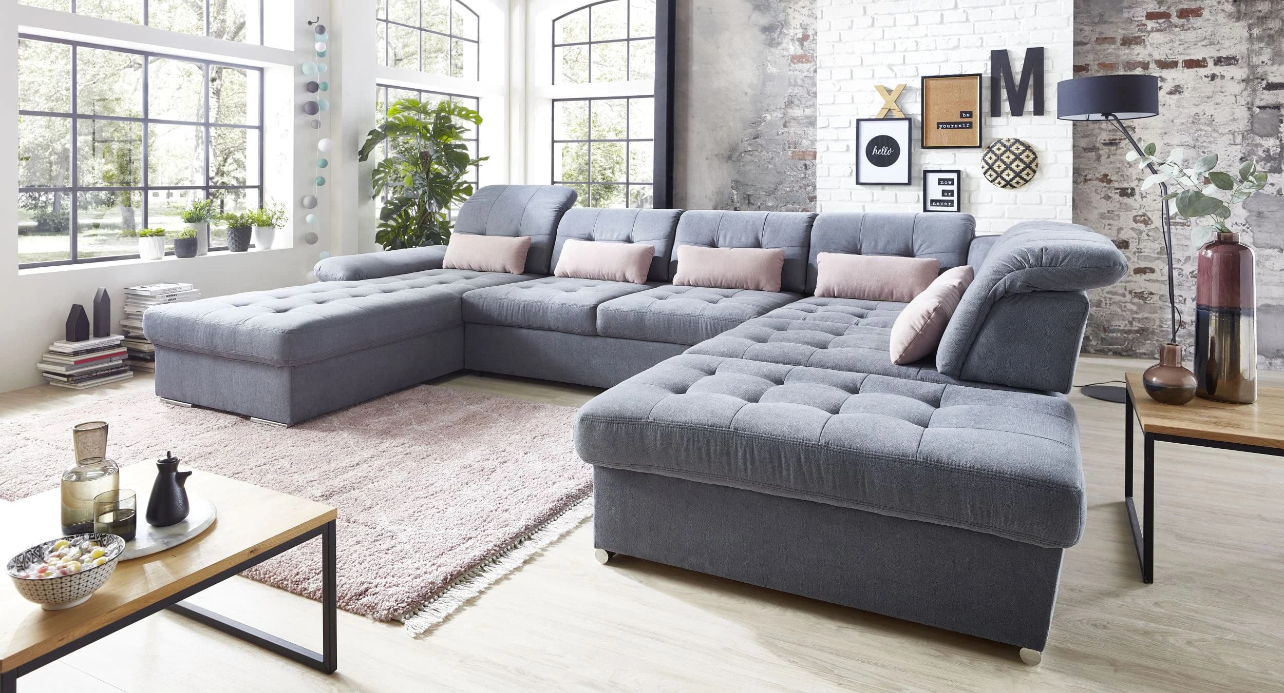 Wohnlandschaft - Longchair links, 3-Sitzer, Ecke rechts inkl. Schlaffunktion, Bettkasten,