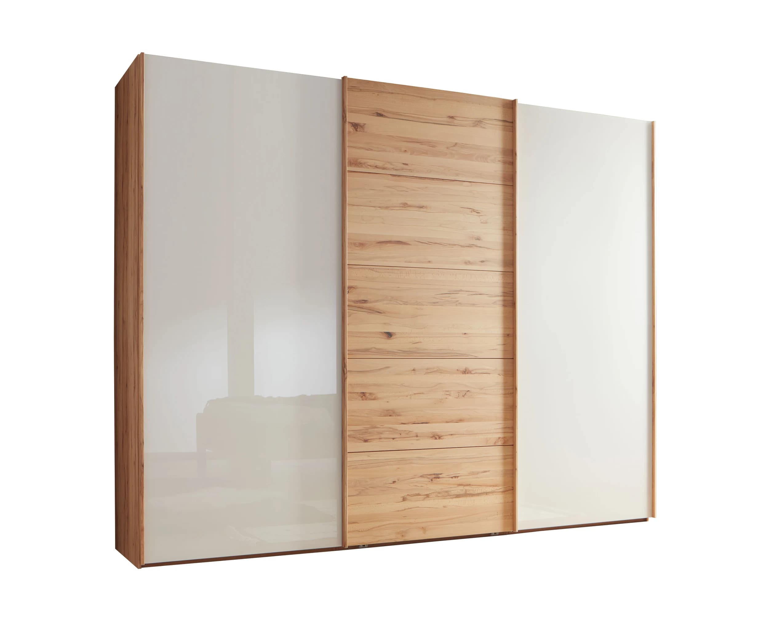 Schwebetürenschrank - B. ca. 300 cm, Astkernbuche Teilmassiv, Mitteltür Massivholz, Glas Champagner
