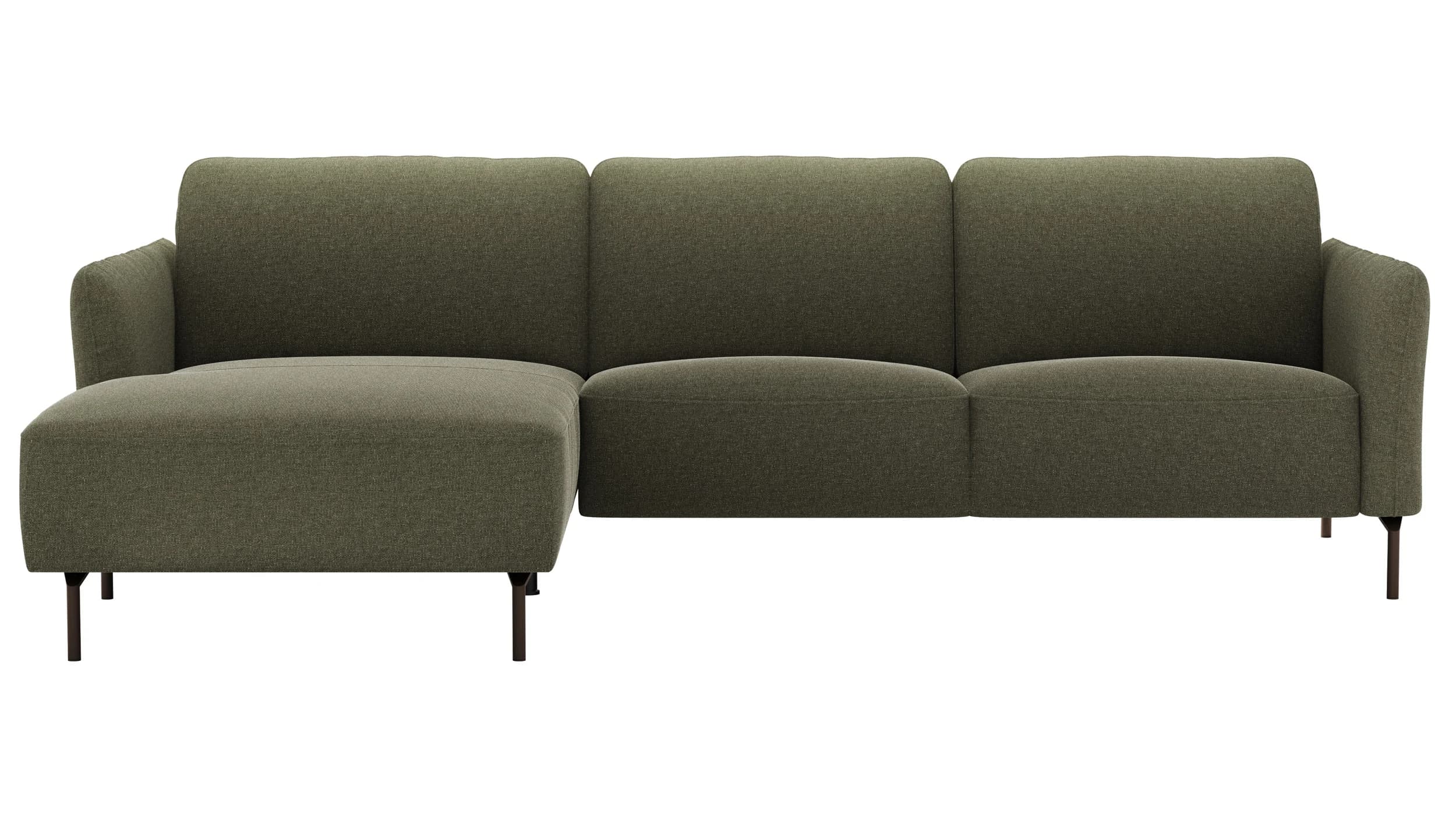 Ecksofa Leona - Longchair mit 3-Sitzer rechts inkl. Sitzvorzug motorisch, Stoff, Braungrün