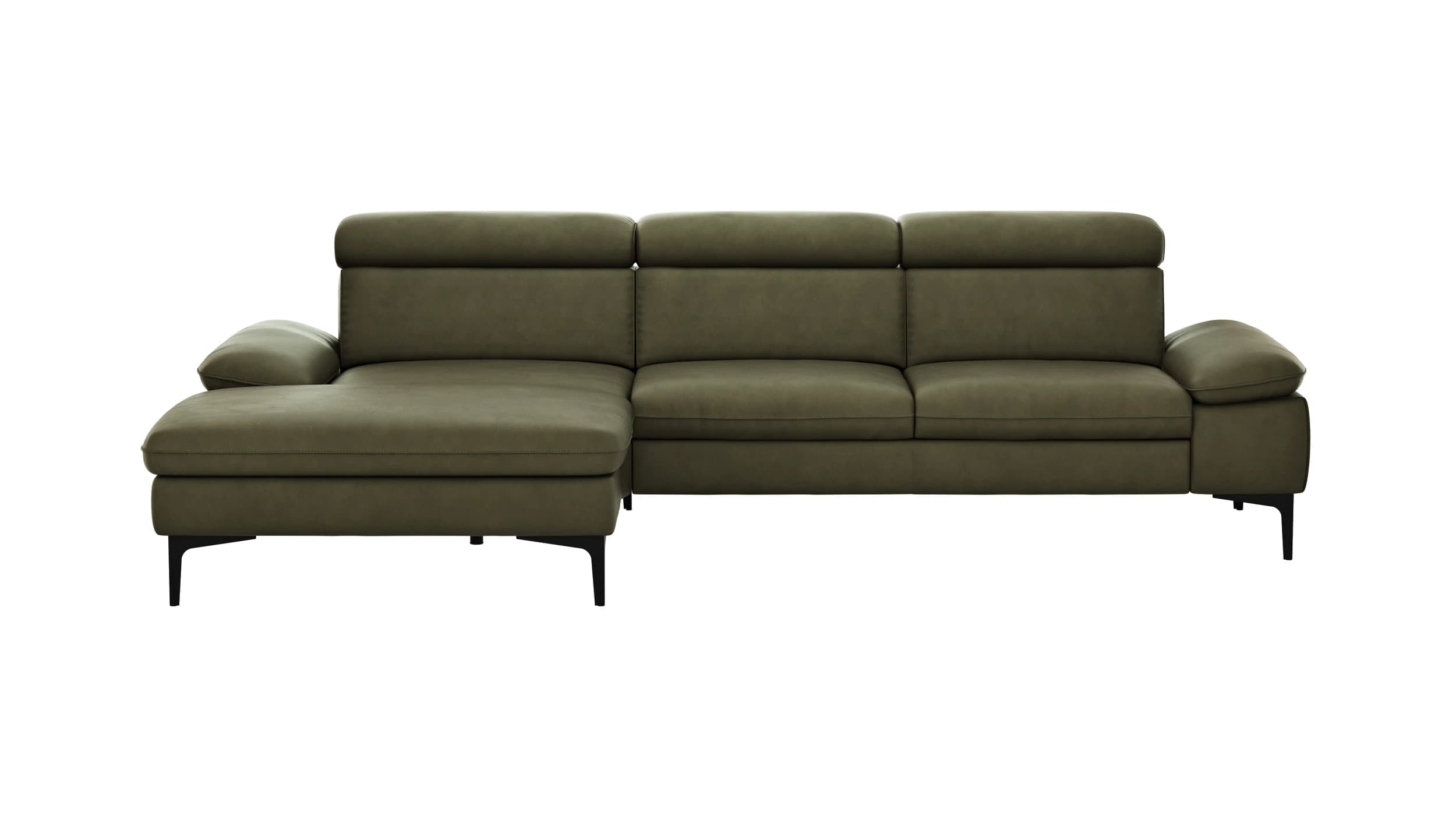 Ecksofa Felipa - Longchair links mit 2,5-Sitzer inkl. Kopfteil verstellbar, Leder, Olive