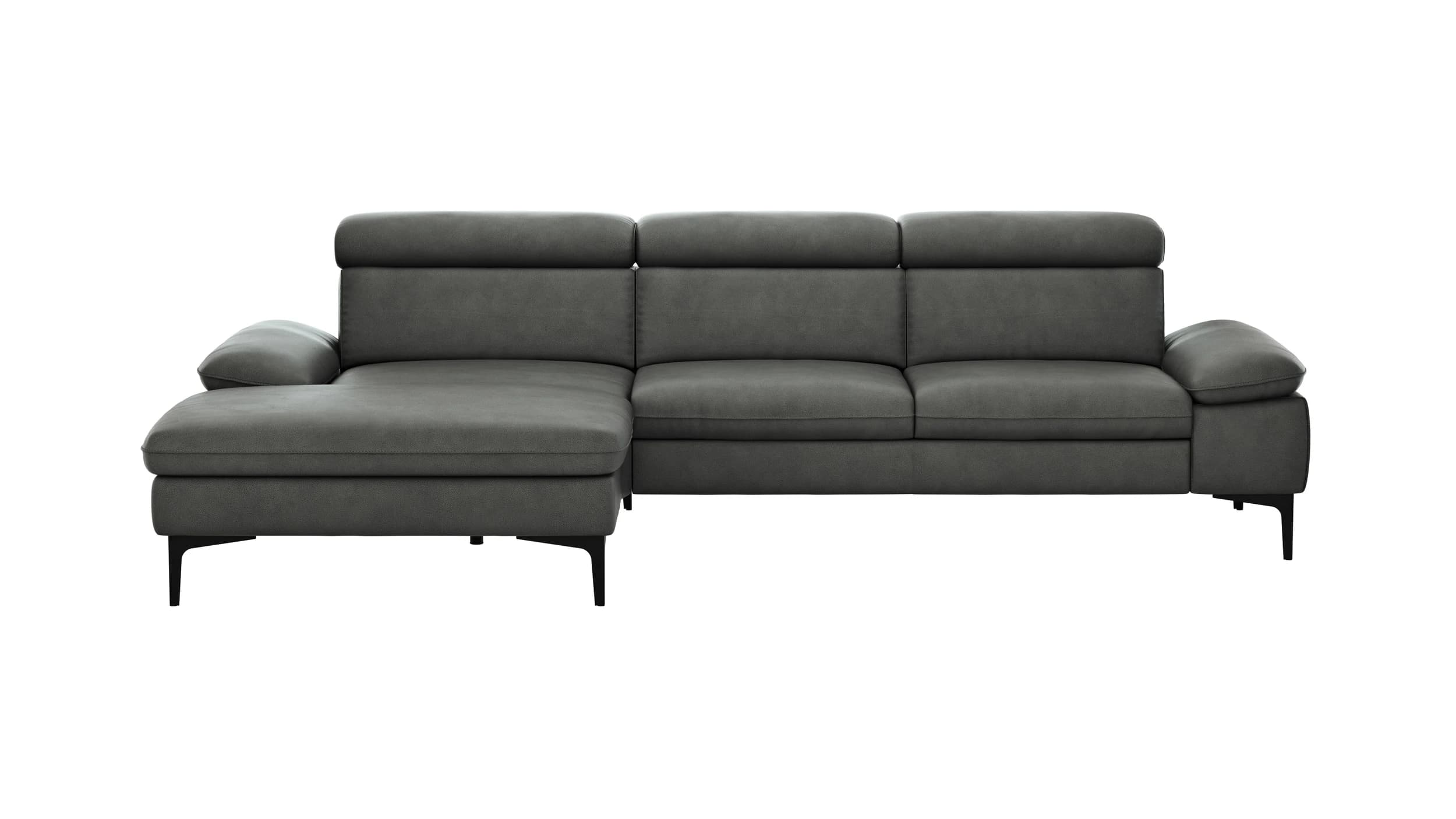 Ecksofa Felipa - Longchair links mit 2,5-Sitzer inkl. Kopfteil verstellbar, Leder, Grau
