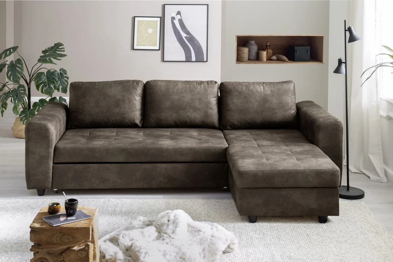 Ecksofa - 2-Sitzer, Ecke rechts, Stoff, Dunkelbraun