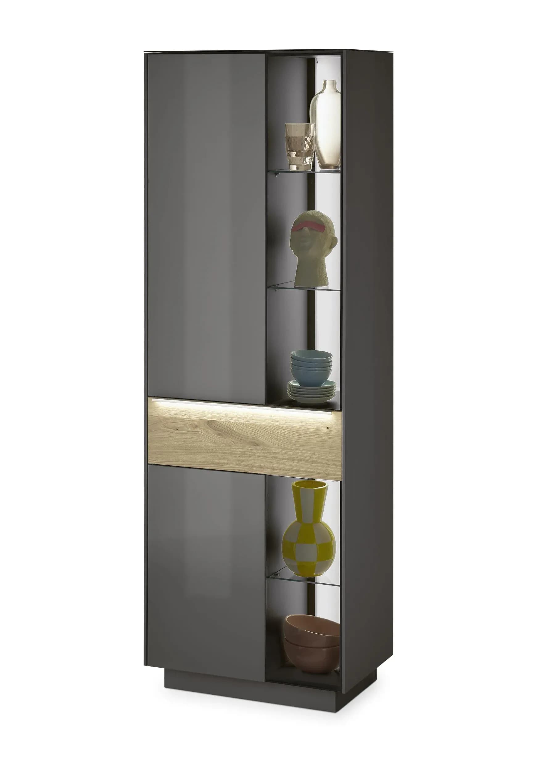 Vitrine - mit Beleuchtung, B ca. 67 cm, Anthrazit, Eiche massiv