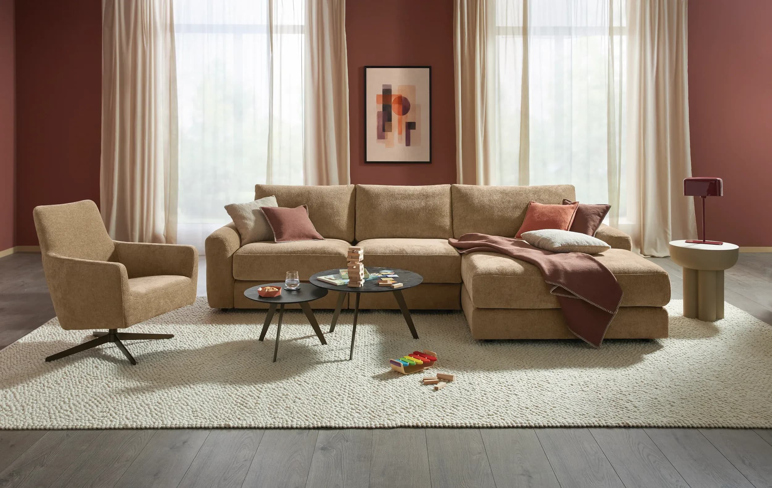 Ecksofa Almeria - 2-Sitzer mit Longchair rechts, Stoff, Hellbraun