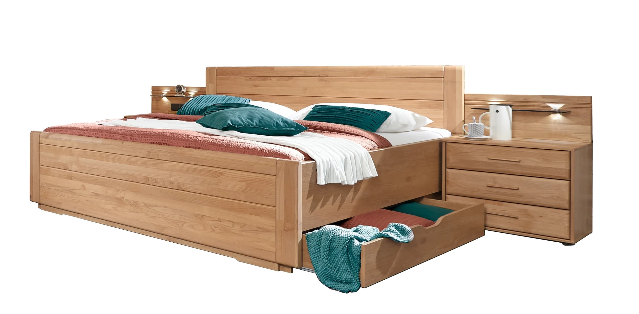 Doppelbett - inkl. Nachtschränke, Bettschubkästen, Beleuchtung, Eiche teilmassiv