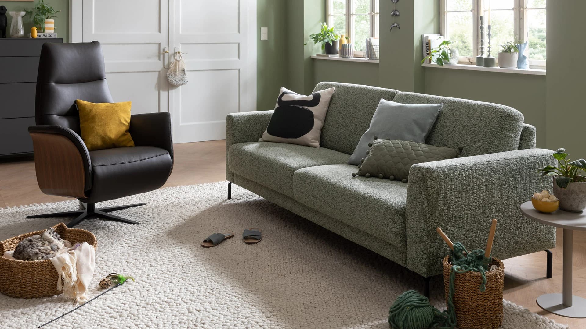 Sofa Matero - 3-Sitzer inkl. Sitzvorzug beidseitig, Stoff, Schlammgrün