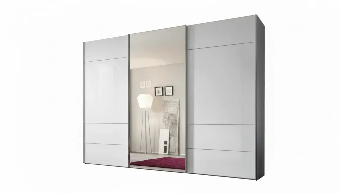 Schwebetürenschrank 3-türig EM Arango - B. ca. 280 cm, Dekor vulkan, Alpinweissglas, Kristallspiegel