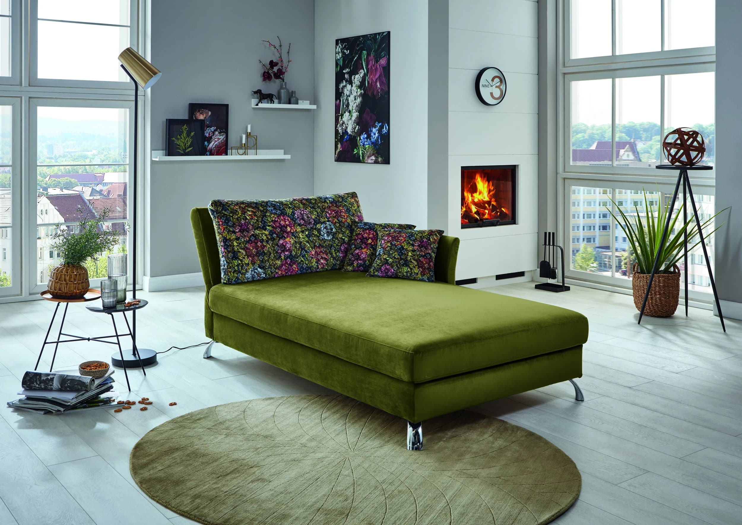 Schlafsofa - inkl. Rückenkissen, Rücken verstellbar (manuell), Bettkasten, Velourstoff, Olive, Blumig