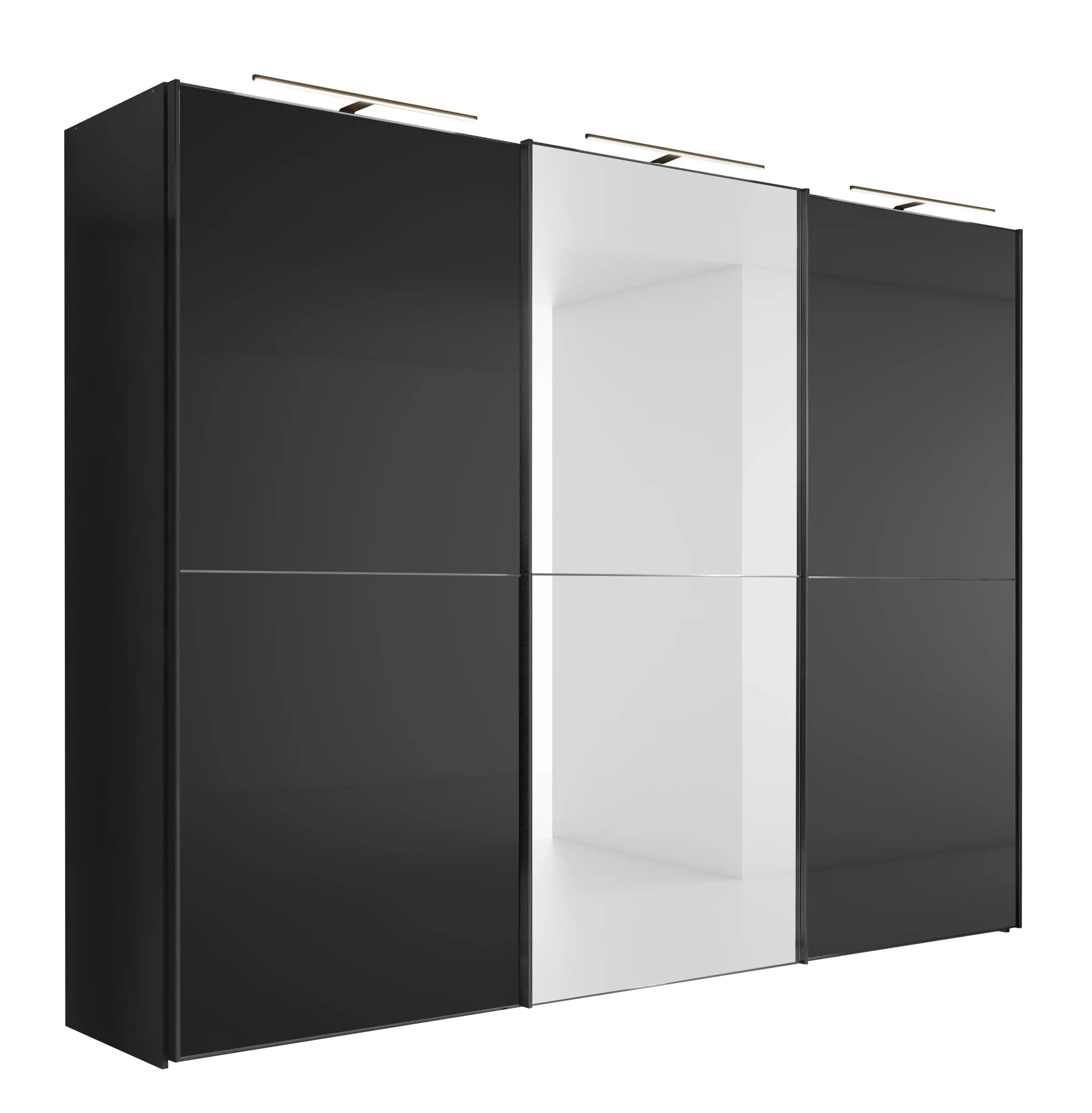 Schwebetürenschrank 3-türig EM Armadio - mit Beleuchtung, B. ca. 280 cm, Dekor anthrazit, Anthrazitglas, Kristallspiegel