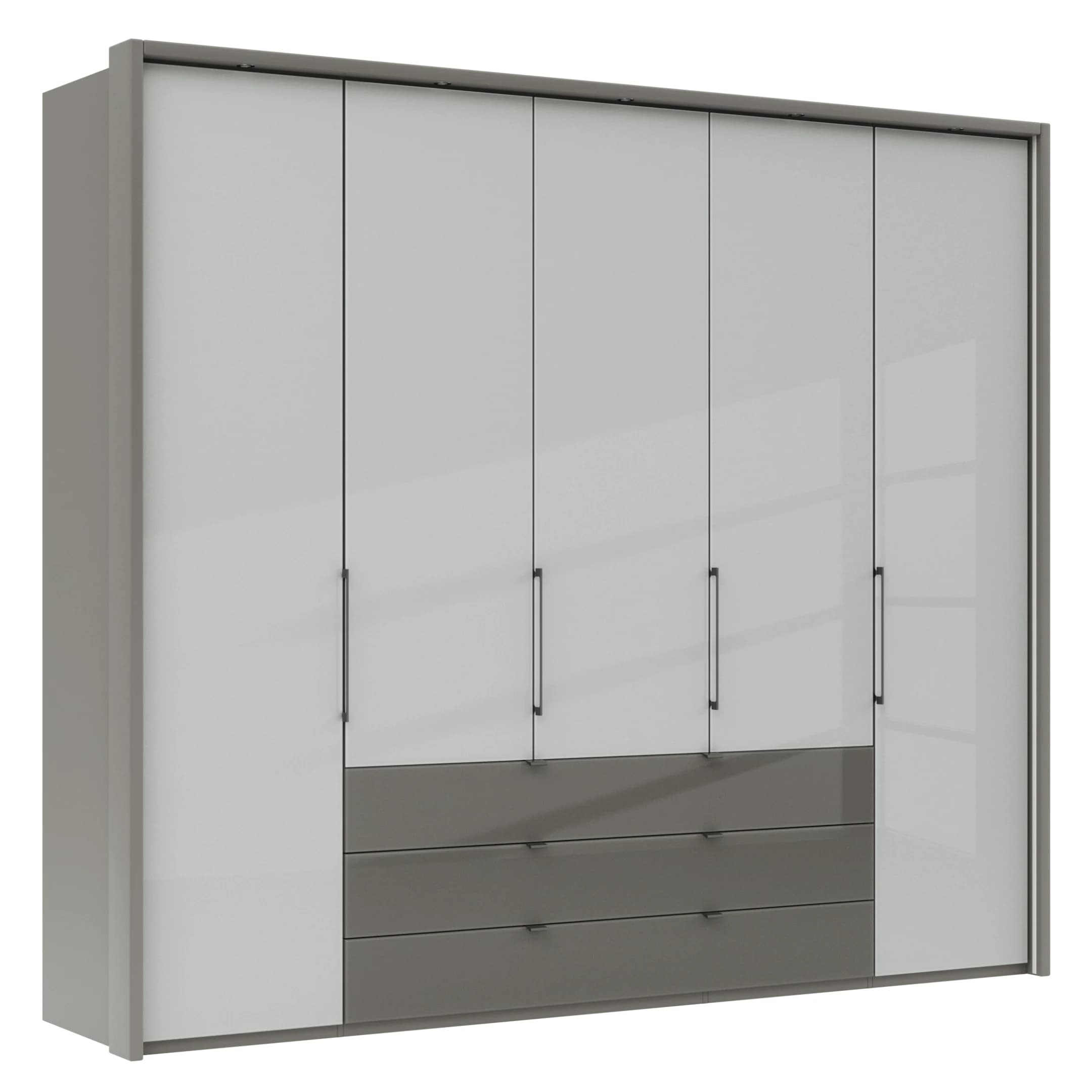 Drehtürenschrank Marbella - B. ca. 257cm, Korpus Melamin, Grau, Front Glas, Weiß
