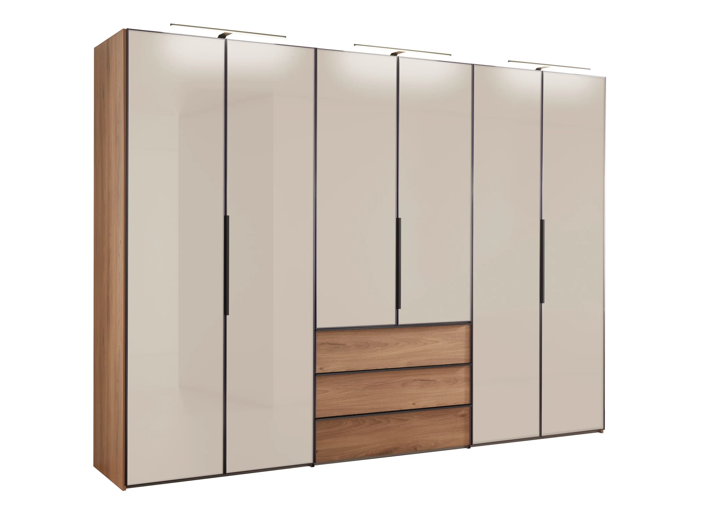 Drehtürenschrank - B. ca. 298 cm, Eiche Dekor, Glasfronten Sand
