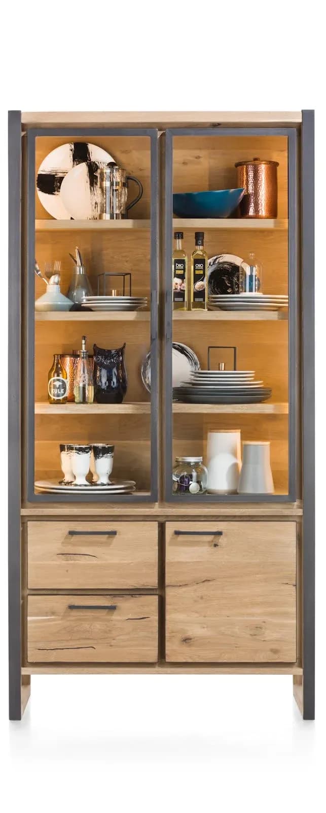 Metalo, Vitrine 2-Glastüren + 1-Tür + 2-Laden (+ LED)