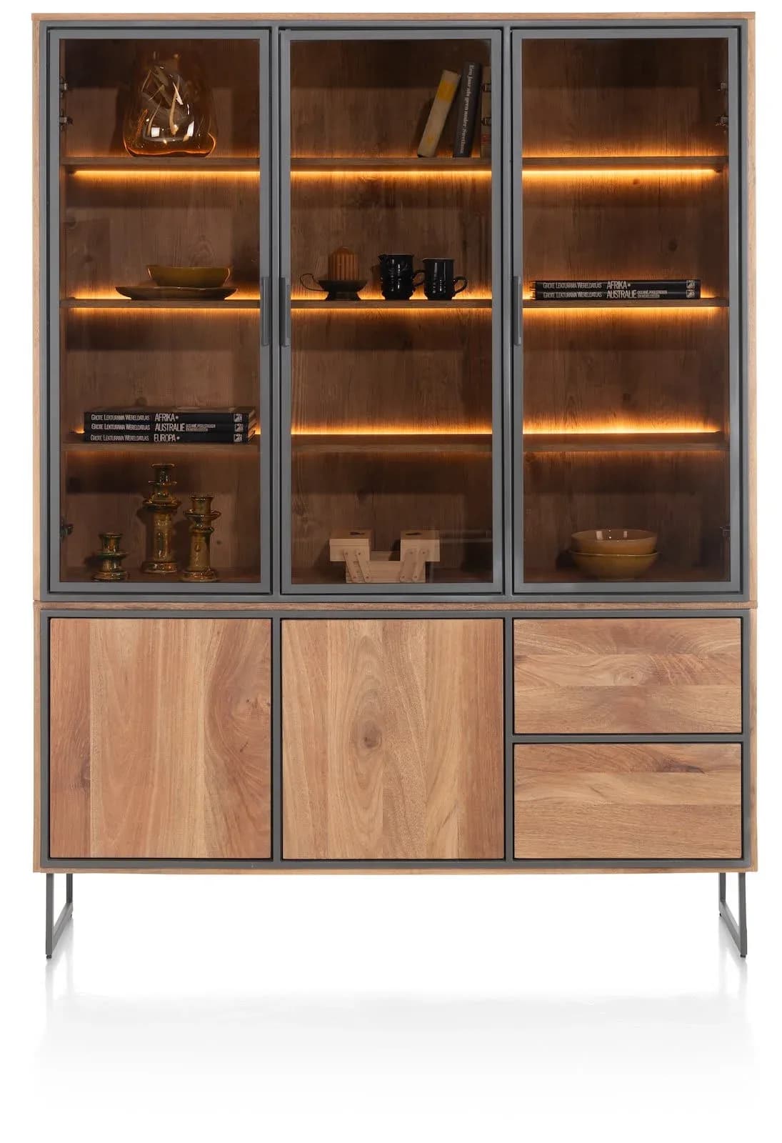 Trapani, Buffetschrank 160 cm - 3-Glastüren + 2-Türen + 2-Laden (+ LED)